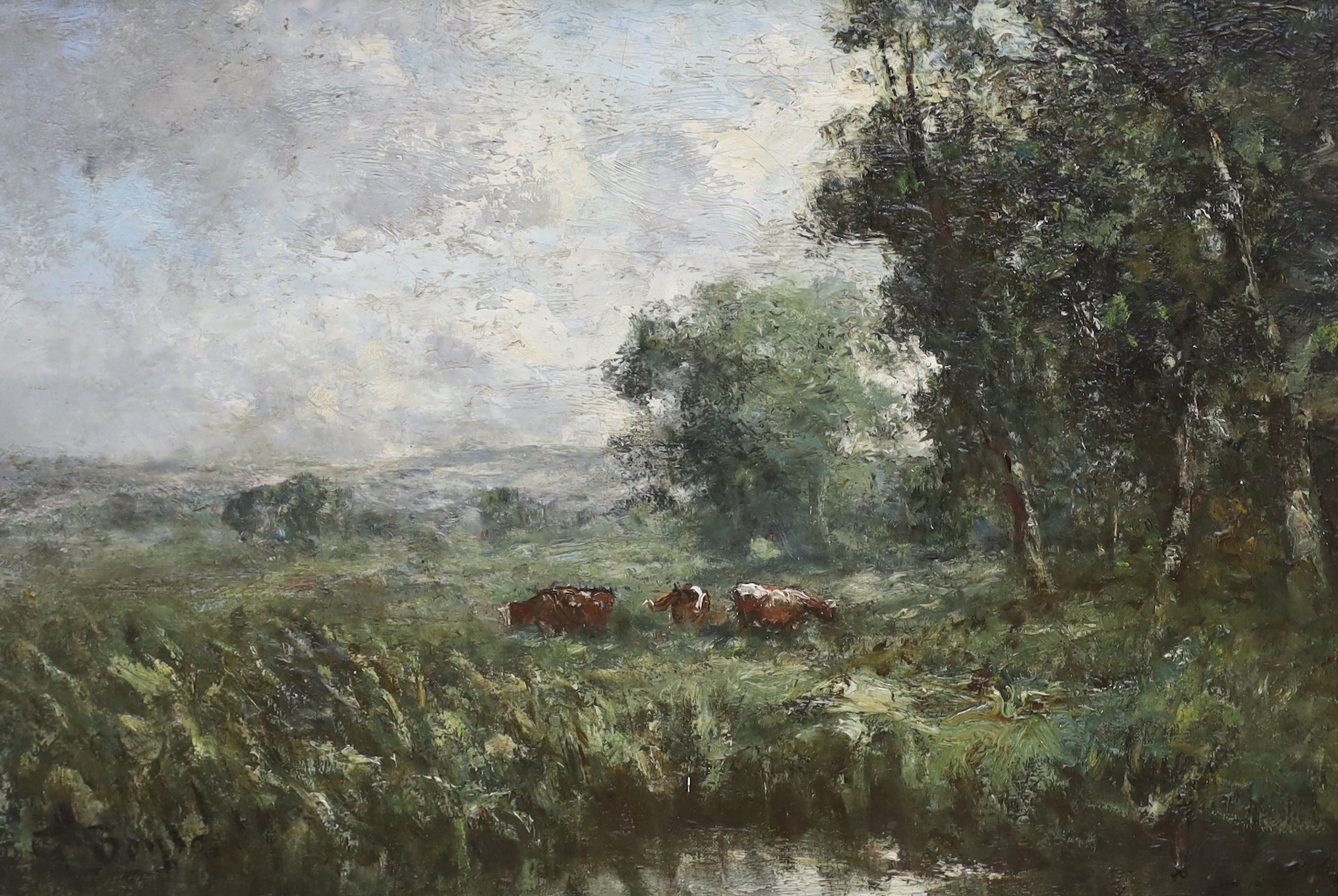 Marion L. Broom (1878-1962) watercolour, Still life of flowers in a jar, signed, together with an oil on canvas in the style of George Boyle, Cattle in a landscape, unsigned, largest 55 x 37cm